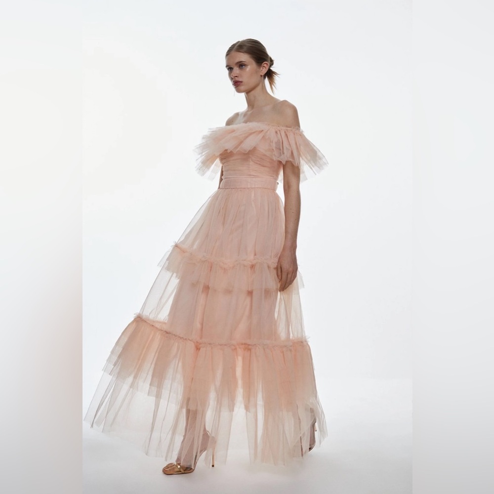 NWT Karen Millen Tulle Corseted Bardot Maxi Dress in Blush - Picture 2 of 11
